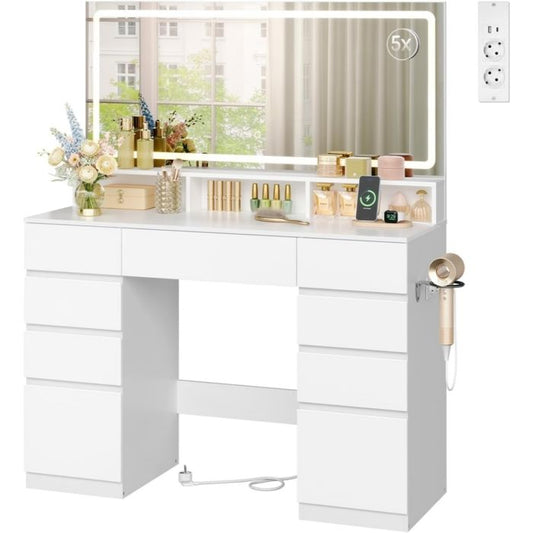 Coiffeuse Blanche WOLTU - Grand Miroir LED - Table de Maquillage avec Station de Charge - 9 Tiroirs